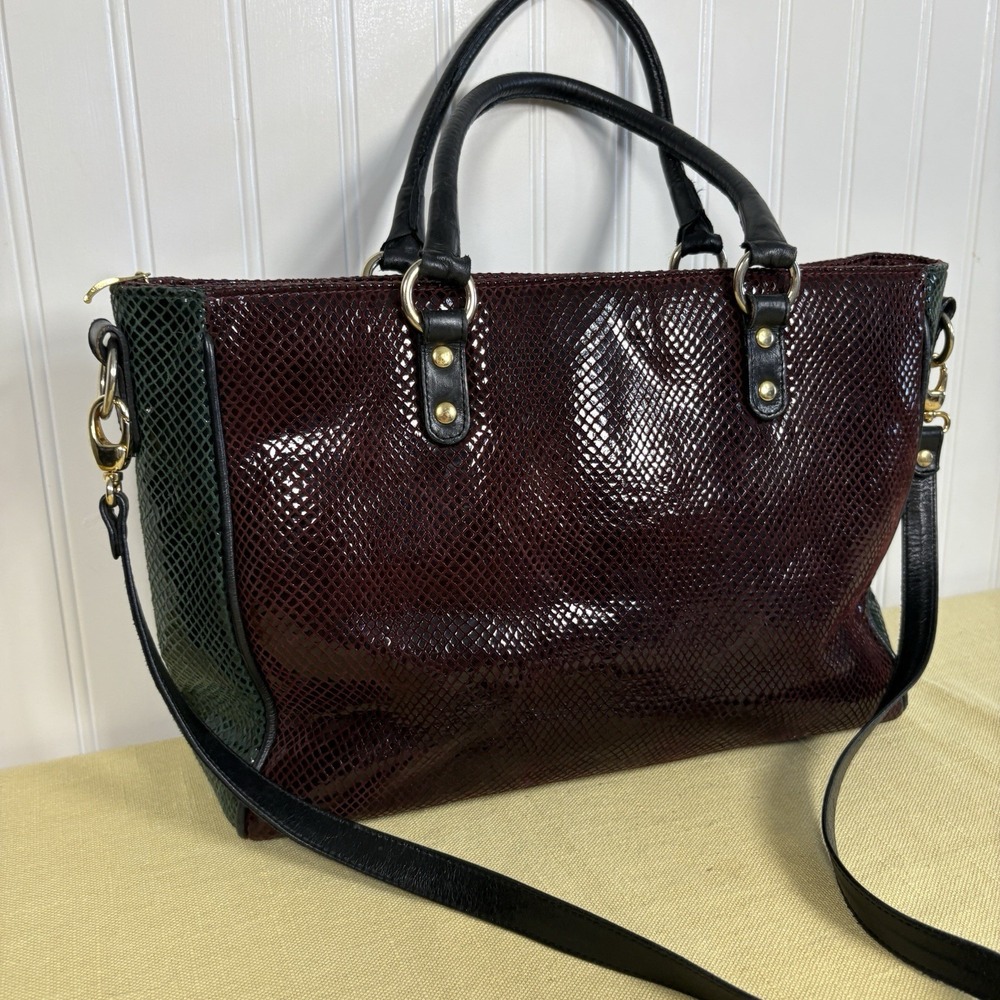 Vintage Due Fratelli Leather Purse Snakeskin Embossed Two Tone Burgundy & Green - Picture 3 of 14